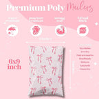 Pretty Package Store 6x9 Designer Poly Mailer 100 Pack Heavy Duty Waterproof Self Seal Shipping Bags for Small Business Large Mailing Envelopes Bulk Tear Resistant Cute Packaging Pink Bows Coquette