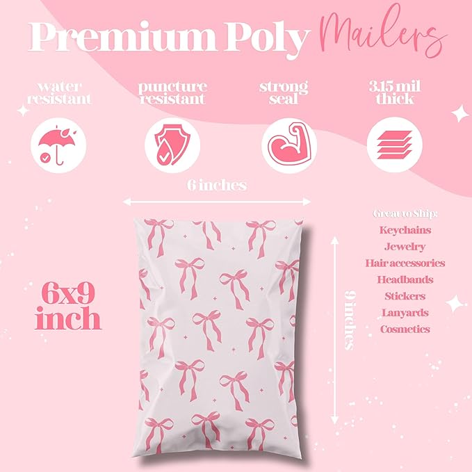 Pretty Package Store 6x9 Designer Poly Mailer 100 Pack Heavy Duty Waterproof Self Seal Shipping Bags for Small Business Large Mailing Envelopes Bulk Tear Resistant Cute Packaging Pink Bows Coquette