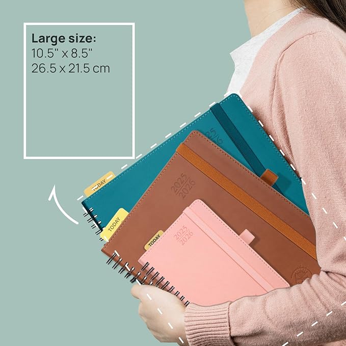 POPRUN Planner 2025-2026 (Large - 8.5'' x 10.5'') Academic Weekly Calendar (July 2025 - June 2026) with Hourly Time Slots, Monthly Tabs, 100GSM Thick Papers, Spiral Leather Cover - Blue Green
