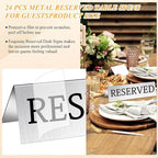 Aemygo 24 Pcs Metal Reserved Table Signs, Silver Table Top Reserved Sign for Restaurants, Double Sided Tent Guest Reservation Table Seat Sign for Wedding, Party, Ceremony, Events(5.91" x 3.15")