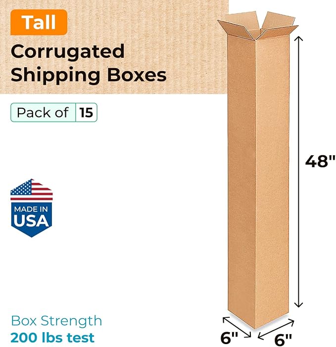 Tall Moving & Shipping Boxes 6"L x 6"W x 48"H (15-Pack) - Extra Strength 200 lb vs Regular - Corrugated Packing Boxes, Made in USA - Cardboard Moving Box - Durable Shipping Box by IDL Packaging