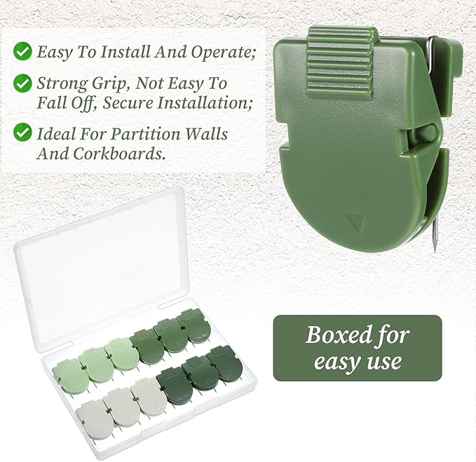 InnoHHustle 12 PCS Cubicle Clips, Fabric Panel Wall Clips Plastic Cubicle Hooks Panel Push Clip Cubicle Wall Accessories for Hanging Pictures Photo Frame Office Notes Memos Messages (Sage Green)