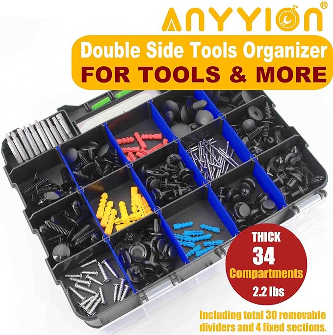 Anyyion Small Parts Organizer, 34-Compartments Double Side parts organizer with Removable Dividers for Hardware, Screws, Bolts, Nails, Beads, Jewelry. (1, Blue)