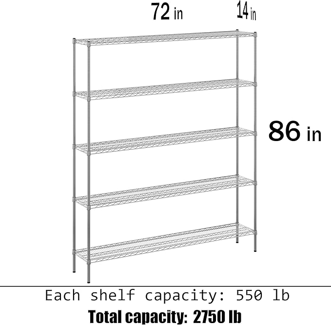 Regal Altair 14" Deep x 72" Wide x 86" Height Wire Shelving Kit | 5-Tier | NSF Commercial Storage Rack Unit