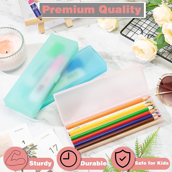 Fainne 24 Pcs Plastic Pencil Case Bulk Pencil Boxes Plastic Stationery Case Frosted Pen Box Pen Holder with Hinged Lid Snap Closure for Office(Single Layer,Pink,7.09 x 2.36 x 0.98 Inch)