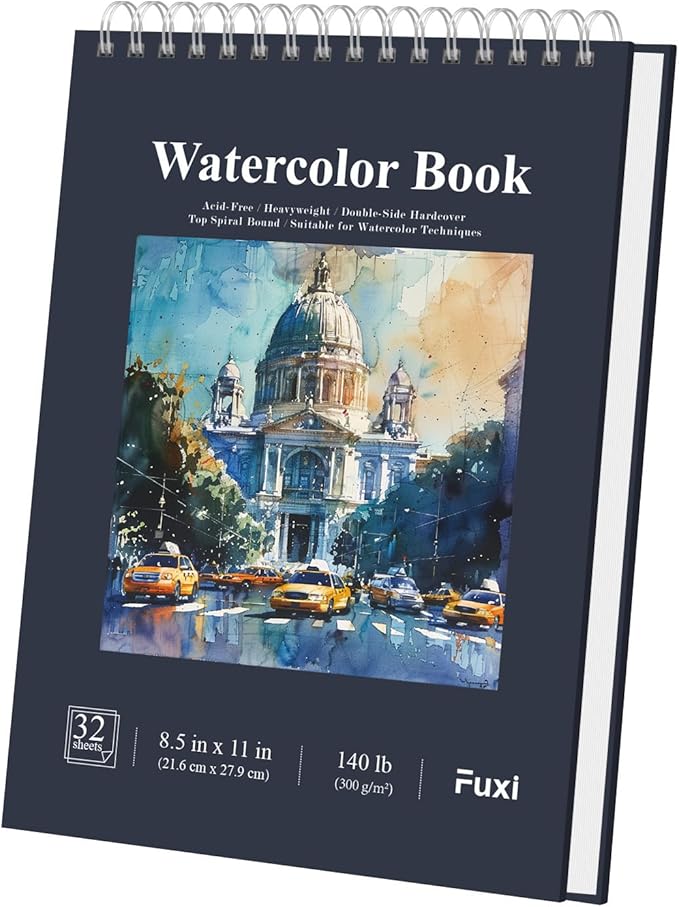 Fuxi Watercolor Notebook 8.5" x 11", 140 lb Cold Press Watercolor Paper, 32 Sheets (64 Pages) Water Color Paper Pad, Art Supplies for Adults Painting, Gouache & Ink.