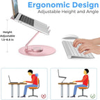 Swivel Laptop Stand for Desk, Adjustable Height Aluminum Computer Stand with 360 Rotating Base, Foldable Ergonomic Riser, Portable Laptop Holder Compatible with MacBook, All Laptops 10-17'', Pink