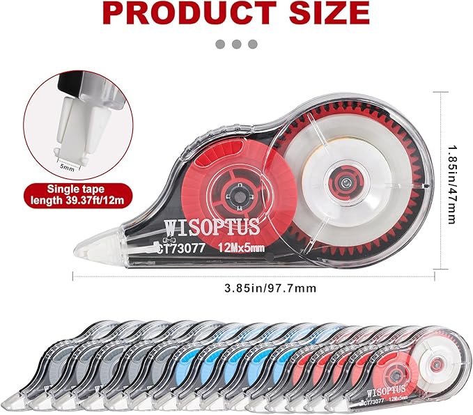 WISOPTUS 15PCS White Correction Tape with Dispenser, 39.37ft Each, Fast, Clean, Opaque and Easy to Use Tear-Resistant Correction Tape Bulk Office or School Supplies, Blue, Red, Gray