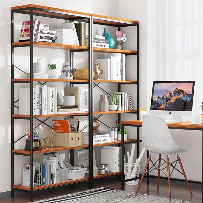 Himimi 6-Tier Bookshelf Set of 2,Tall Bookcase Industrial Wood Storage Rack with Open Book Shelves,Modern Metal Standing Organizer,Vintage Display Rack for Living Room, Office, Bedroom, Rustic Brown