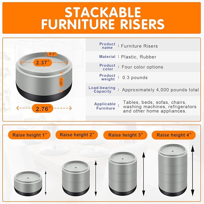 Furniture Risers Bed Risers Heavy Duty 1 inch, 2 inch, 3 inch, 4 inch Round Adjustable Bed Lifts Riser for Desk Legs Table Couch Sofa Chair Refrigerator Washing Machine (1 Inch, Gray, 16 Pack )