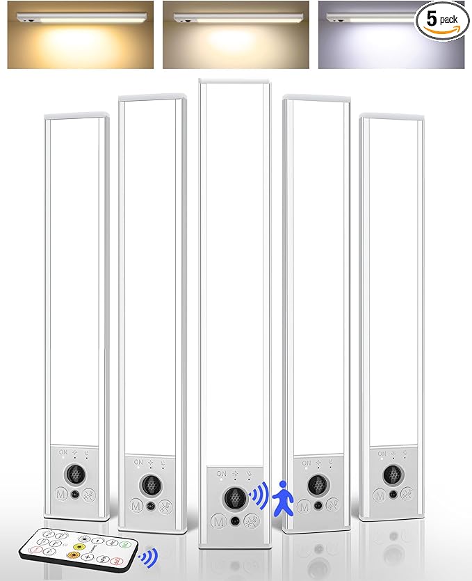 EZVALO 5 Pack Under Cabinet Lighting, 2400mAh Rechargeable Motion Sensor Light, 10inch Magnetic Closet Lights with Dimmable & 3 Color Temps, Wireless Motion Activated Lights with Remote for Kitchen
