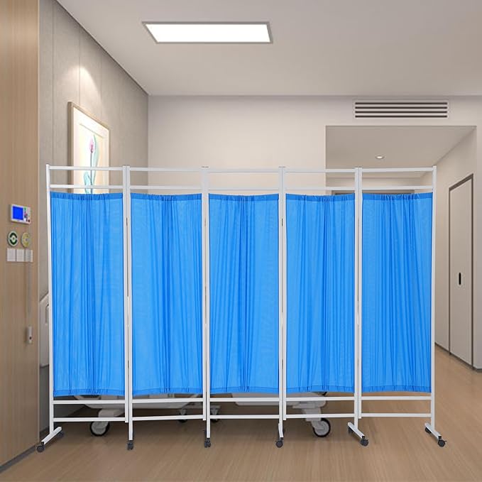 Medical Privacy Screens, Waterproof Nylon Fabric, 98.4 * 70.9 in Foldable Rolling Medical Privacy Screen with Silent Wheels, Suit for Hospitals, Clinics, and Nursing Homes (Blue, 5 Panels)