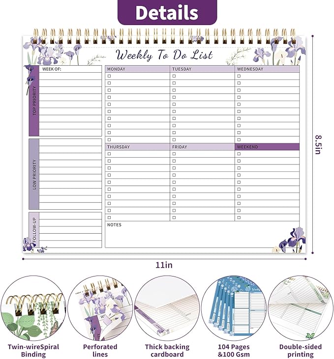 ALKALO 104 Pgs Weekly To Do List Notepad, 52 Duplex-Printed Undated Sheets 100 GSM（8.5"×11") Weekly Desk Planner For Work Home School Office Desk Accessories Supplies & Goal Setting Tasks - Purple Iris