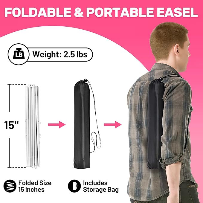 2 Pack White Easel Stand for Sign & Poster - 63" Adjustable Metal Easels for Wedding Welcome Sign, Painting, Canvas, Art Display - Portable Folding Tripod with Carry Bag, Holds 5 Lbs