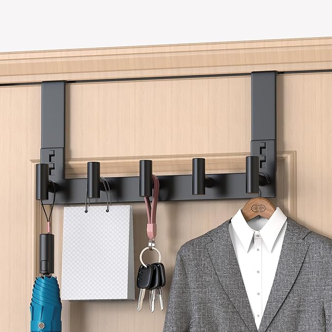 PMMASTO Over The Door Hooks, Door Hanger Hook for Hanging, Coat Rack Organizer for Bathroom, Towel Holder Bathroom Accessories (Black 5 T-Hooks-Fits 1-3/4" Thick Door)