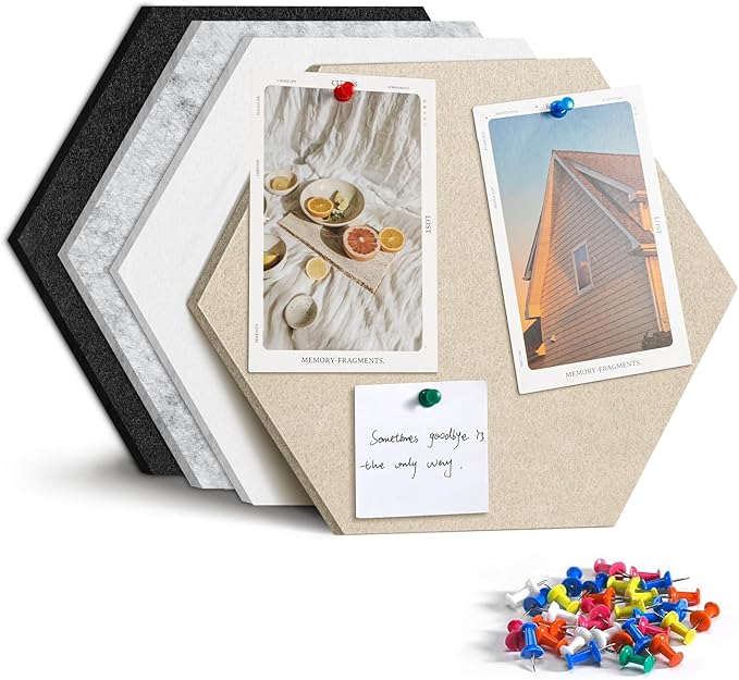 Uoisaiko 12" Large Bulletin Board with 15 Push Pins, Pack of 4 Hexagon Felt Pin Board Notice Boards for Home Office, Felt Wall Tiles for Photos Memos (Camel Grey)