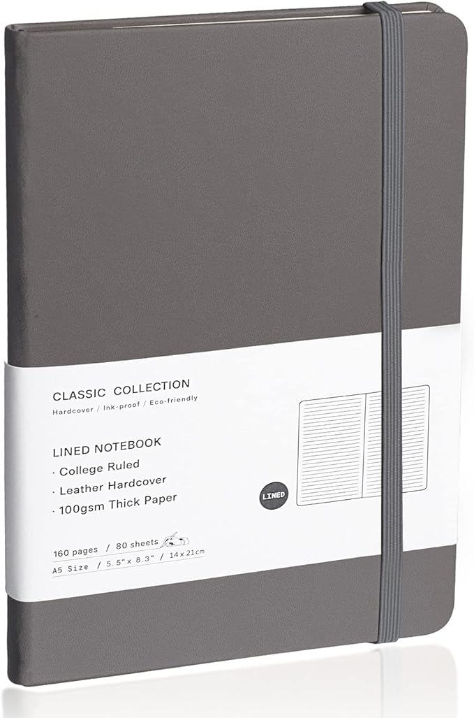 EMOMAS Lined Journal Notebook – Hardcover Notebook for Men & Women – Journals for Writing, Work, School, Home & Daily Notes, 160 Pages – Medium A5, 5.7"x8", 100 gsm Thick Paper (Dark Gray)