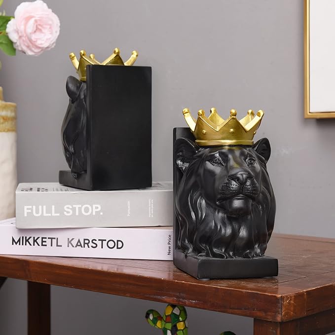 Kakizzy Book Ends Decorative, Lion Bookends for Shelves, Animal Book Stopper Decorative, Modern Book Ends for Heavy Books, Lion Figurines Statues Indoor, Unique Book Lover Gift(Black Lion)