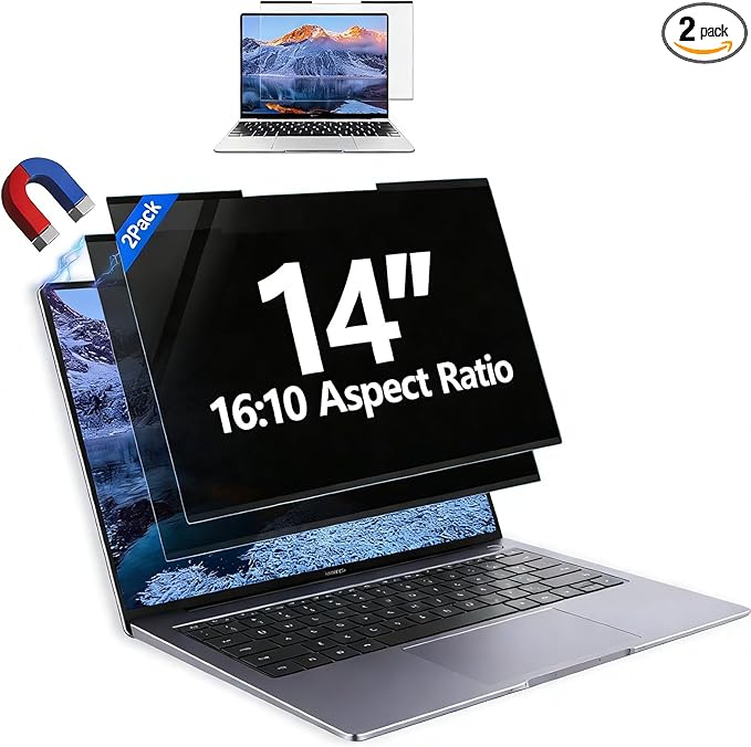 2Pack Magnetic 14 Inch Laptop Privacy Screen 16:10 Aspect Ratio, Removable Anti-Blue/Glare Protector Film, Anti Spy Desktop Security Private Filter 14in