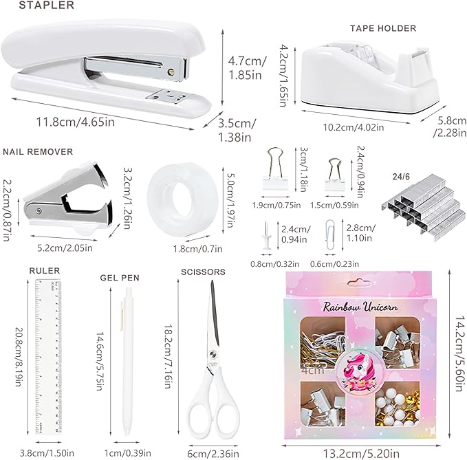 COMFYROOM Desk Accessories with Pen Holder, Office Supplies Desk Organizers and Accessories, Tape Dispenser, Stapler, Staple Remover, Staples, Clips Set, Ruler, Scissor, Pen, Tape (White)