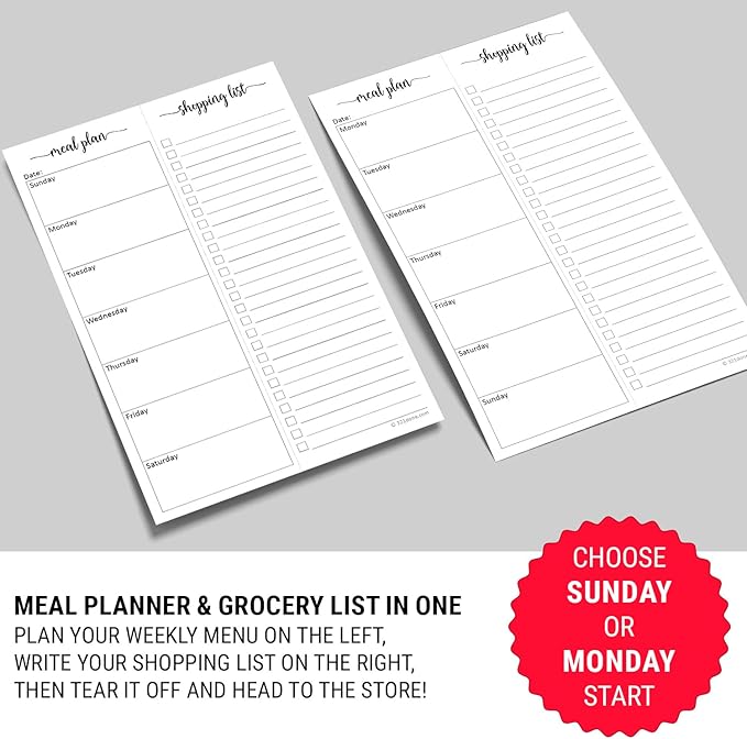 321Done Meal Planning Notepad - 50 Sheets (5.5x8.5) - Perforated Weekly Meals Planner Shopping List Menu Groceries Grocery List, Tear Off Memo Pad - Made in USA - Simple Script