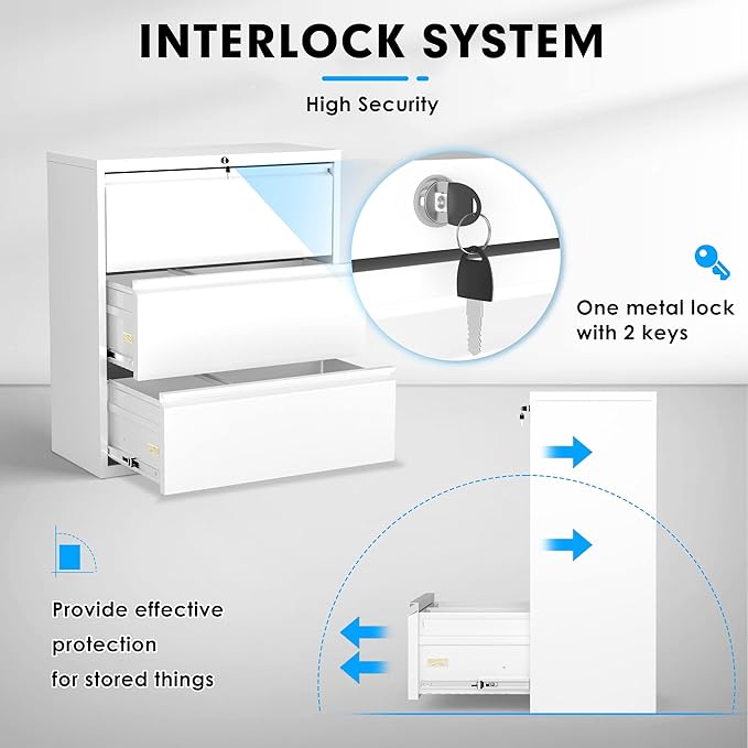 Pataku Metal Lateral File Cabinet with Lock, Steel Filing Cabinet 3 Drawer, Locking Office Home Wide Organization File Cabinets for Hanging Files Letter/Legal/F4/A4 Size, (White-3Drawer)