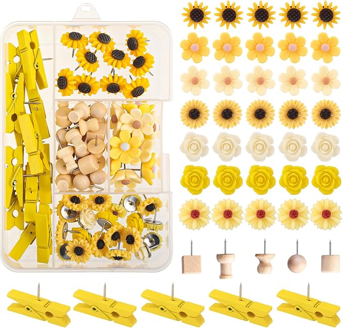78 Pieces Push Pins Set Cute Thumb Tacks Decorative Flower Push Pins for Wall Cork Board Bulletin Boards with Storage Box（Yellow Style）