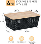 Anywish Storage Bins with Lids 6 Packs, Plastic Storage Bins with Bamboo Lids for Pantry Organization and Storage Containers for Shelves Drawers Desktop Closet Office Home, Black