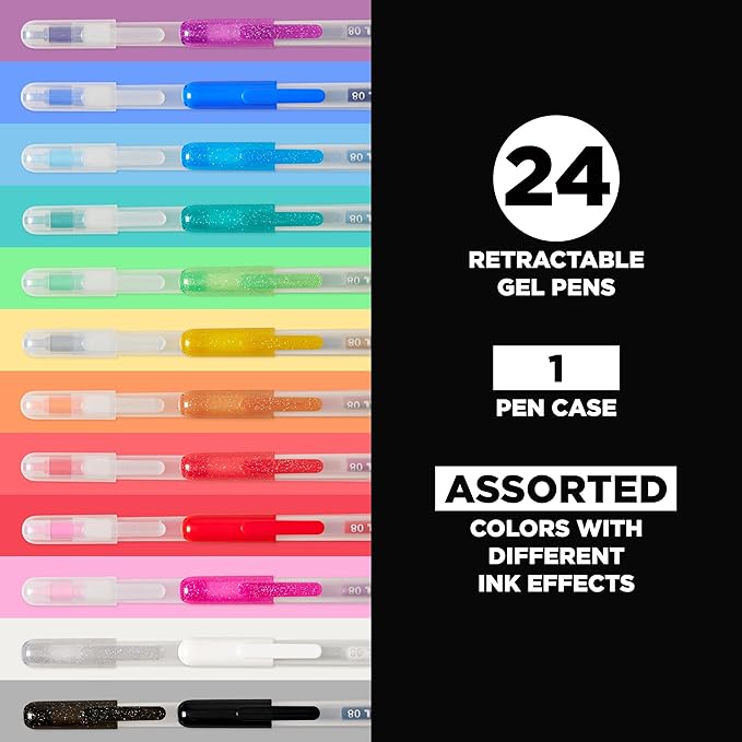 SAKURA Gelly Roll Retractable Gel Pens Colored - Assorted Gel Color Pens with Different Effects - 08 Medium Point Ink Pen for Journaling, Art, or Drawing - 1 Pen Case - Assorted Colored Ink - 24 Pens