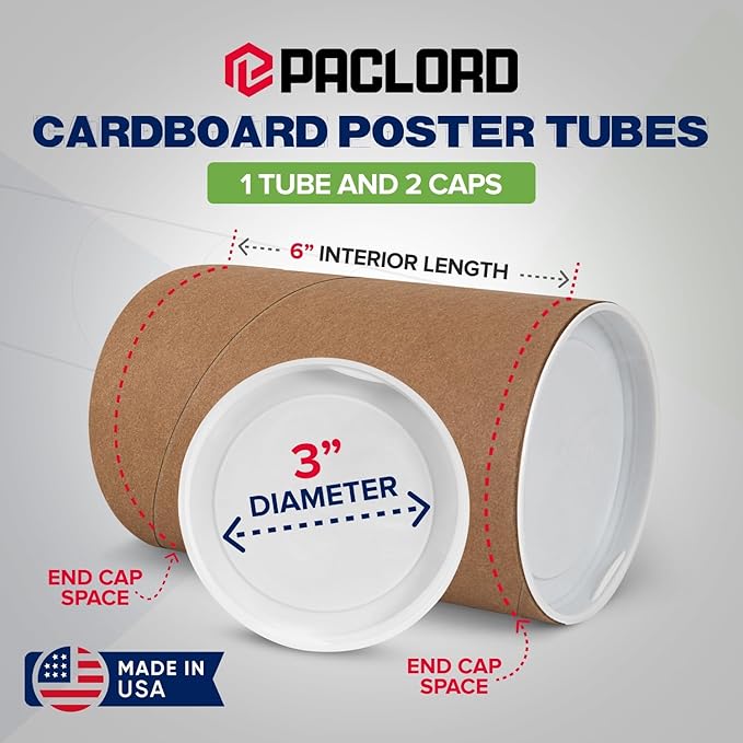 Paclord 3" x 6" Reinforced Kraft Paper Mailing Tube, Pack of 1 Tube with 2 Caps – Secure USPS Approved Poster Tube – Cardboard Tube for Shipping and Storing Posters, Prints, Artwork, or Documents