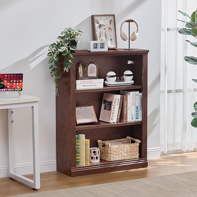 RWYHG 43" Walnut Tall Bookshelf Set of 4,3-Tier Thick Wooden Book Shelf with Adjustable Shelves,Free Standing Farmhouse Bookcase with Open Display Storage,Floor Vintage Bookshelves for Living Room