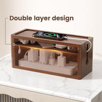HomeBliss Extra Large Cable Management Box – Brown Double Layer Wooden Cord Organizer with Divider for Desk, TV Stand, Kitchen, and Office （NO Power Strips or Chargers）