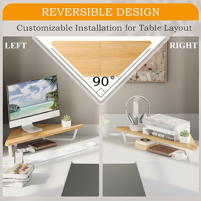TEAMIX 26 inch Triangle Monitor Stand Riser, Desktop Corner Stand with Metal Leg Wood Computer Stand with Storage Laptop Riser Office Organization (Maple)