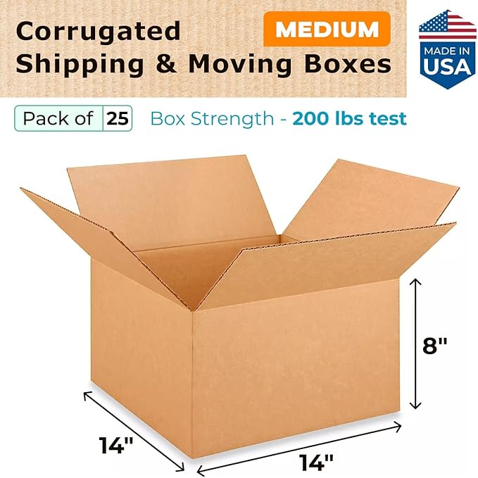 IDL Packaging Medium Corrugated Shipping Boxes 14"L x 14"W x 8"H (Pack of 25) – Excellent Choice of Sturdy Packing Boxes for USPS, UPS, FedEx Shipping – Easy-to-Recycle Cardboard Boxes for Packaging
