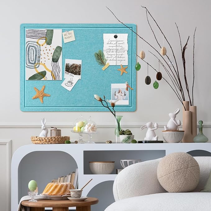 Lightomorrow Bulletin Board, 24 x 18 inches Felt Board Decorative Pin Board, Cork Board Alternative for Wall, Foldable Self-Adhesive Vision Board Mood Board with 20 Pushpins - Turquoise Blue