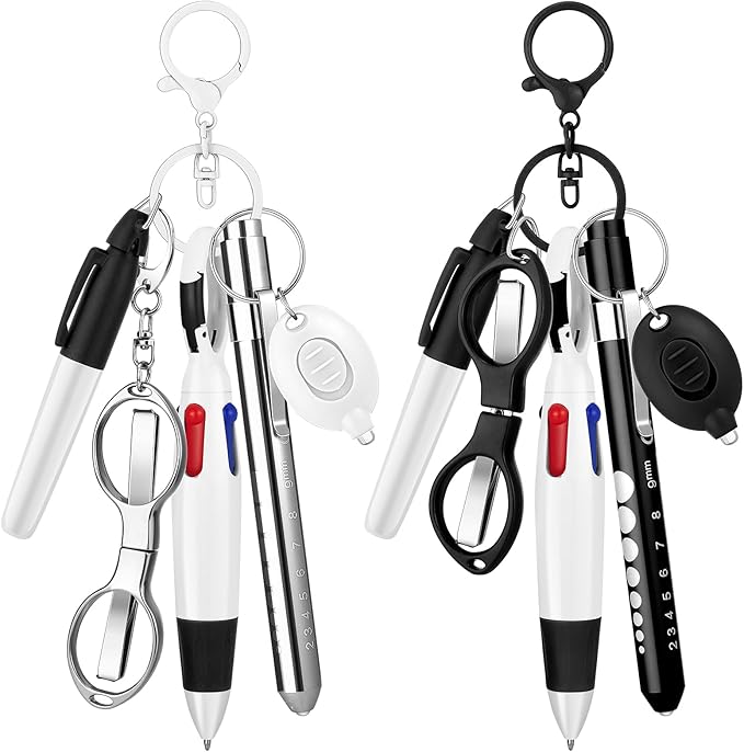 12 pcs Nurse Pen Set Two Colors Black Silver Include Permanent Marker Pen Pen Lights for Nurses Retractable Ballpoint Pen Nursing Keychain Clip Foldable Scissors LED Flashlight Keychain for Nurses