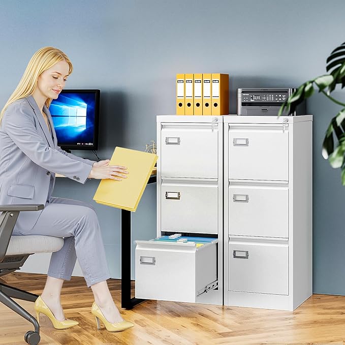 AFAIF 3 Drawer File Cabinet with Lock, Metal Filing Cabinets for Home Office, Vertical White Locking File Caninet, Steel Narrow Three Drawer File Cabnet for Letter/Legal / A4 / B4- Assembly Required