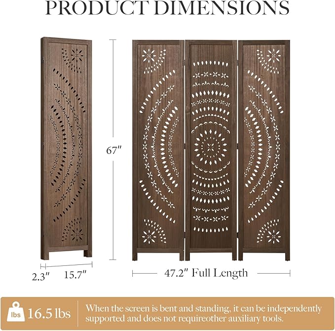66.9Inch Folding Room Divider, 3 Panels Wood Carved Privacy Screens, Free Assembled Freestanding Partition for Home Office Restaurant Bedroom (Brown)