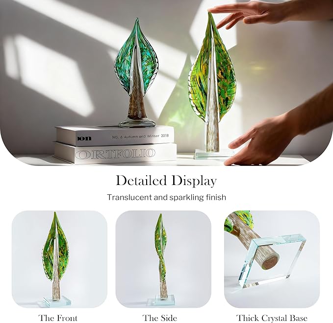 QFkris Blown Glass Tree of Life Leaf Sculpture for Home Decor, 16inch Hand Blown Glass Art Decorative Statue for Book Shelf Living Room Office Desk Home Decoration Accents Collectible Figurines