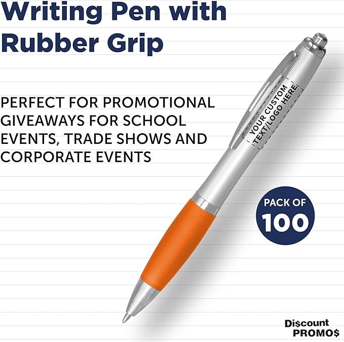 DISCOUNT PROMOS Personalized Ballpoint Pens With Rubber Grip, 100 pack Customizable Ergonomic Click-to-Write Custom Writing Pens for School with Black Ink, Orange