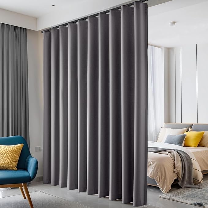 hoeflife Room Divider Curtains Blackout Floor to Ceiling Curtain with Hook Wall Mount Sliding Door Curtains Ceiling Mount Extra Wide Curtain Wall Divider for Room Separation (Grey, W180 x H108 Inch)