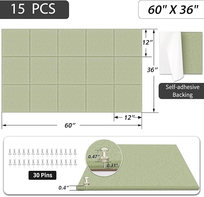 BXI Felt Bulletin Board - 60 X 36 Inches, 15 Pcs Self-Adhesive Decor Cork Boards with 30 Pushpins, Sturdy Acoustic Wall Panels for Office Work, Poster Pin Tiles for Teen Dorm Room Kitchen Classroom