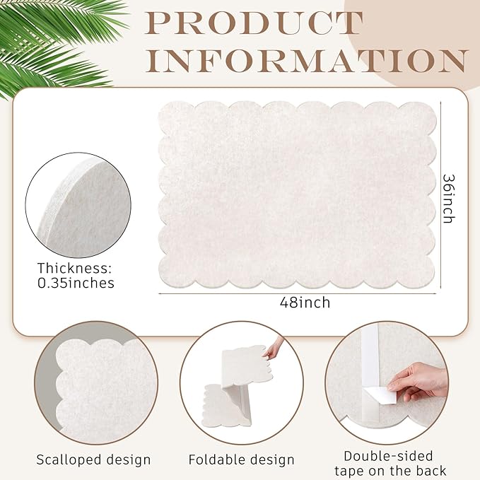 Mooliwe Scalloped Felt Bulletin Board 48 x 36 Inches Foldable Beige Pin Cork Board Alternative for Wall, 4' x 3' Trifold Picture Vision Self Adhesive Bulletin Decorative