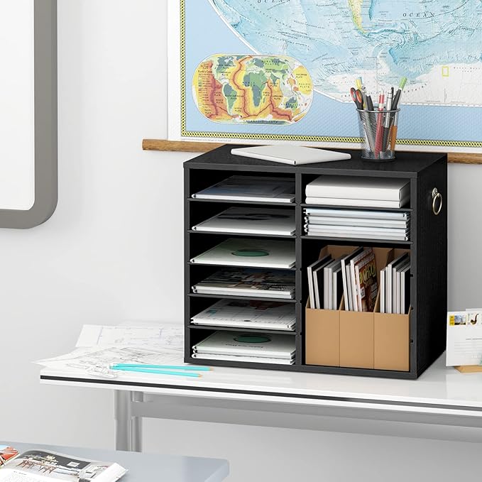 HOOBRO Literature Organizers, 12 Compartments Office Mailbox with Adjustable Shelves, Wood Countertop Literature Sorter for Office, Home, Classroom, Mailrooms Organization Black BK12WF01