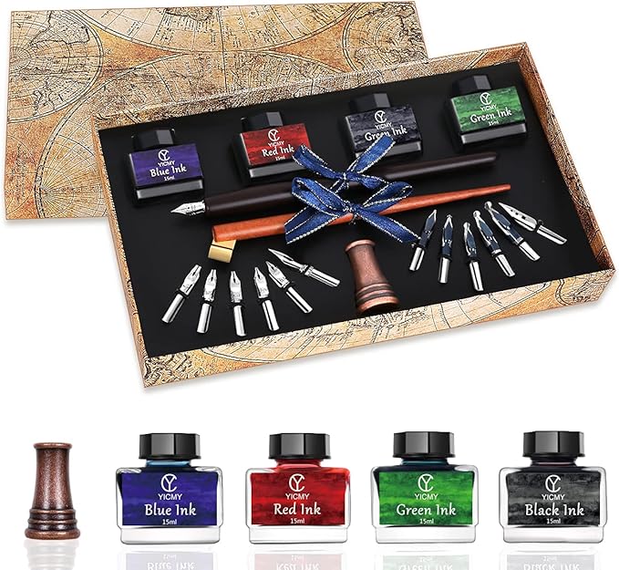 YICMY Calligraphy Pen Set,Calligraphy Set For Beginners Includes Oblique Pen Wooden Calligraphy Pen 12 Pen Nibs & 4 Different Color Inks Dip Pen Set Fountain Pen Set Retro Gift