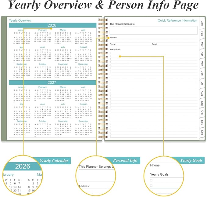Daily Planner 2026 Full Page Per Day- 2026 Daily & Monthly Planner from January 2026 to December 2026, Day Planner 2026 with 12 Months Tabs, 8.5" x 11", Green