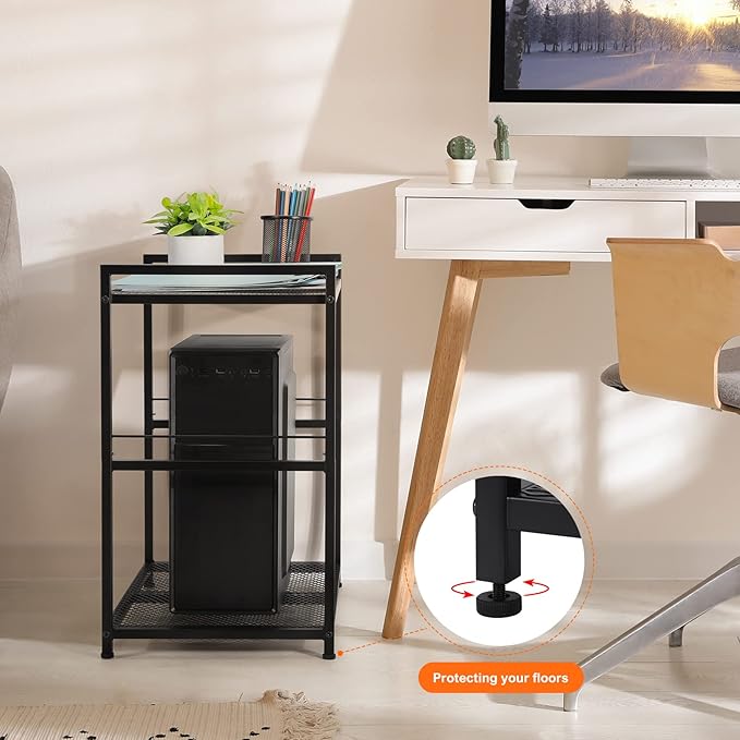 OYEAL Computer Tower Stand, PC Tower Stand Metal Rolling Cart Holds up to 40lbs, 2 Tier Mobile Printer Stand with Storage Under Desk for Home & Office, Black