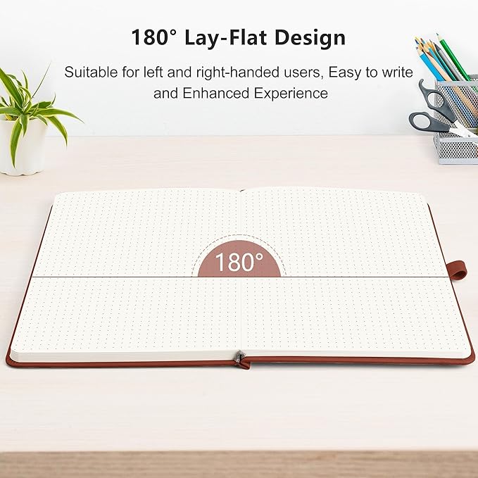 RETTACY Bullet Dotted Journal Notebook, 320 Numbered Pages, A5 Medium Size (5.7'' × 8.3''), Leather Hardcover, 100 GSM Thick Paper, for Bullet Journaling, Planning, Tracking (Brown)