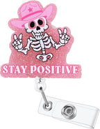 Stay Positive Skull Funny Nurse Badge Reel, Retractable ID Card Badge Holders, Medical Badge Clip for Radiology ER ED RT(R) CT Radiologists Nurses Radiologic Technologists CNA RN LPN Social Workers