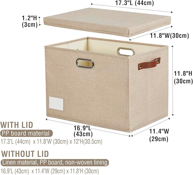 Roobyl 17" Large Collapsible Storage Bins with Lids, Stackable Closet Organizers with PU Handle and Labels, 3-Pack Decorative Fabric Storage Boxes for Home, Bedroom, Closet, Office, Nursery(Khaki)
